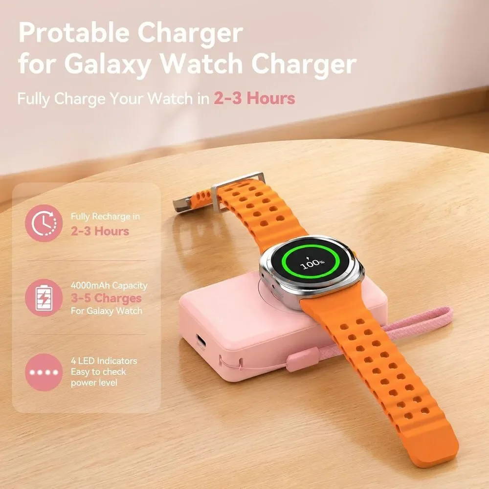 Pink Samsung Galaxy Watch Charger 4000mAh Power Bank Magnetic Wireless 2-in-1